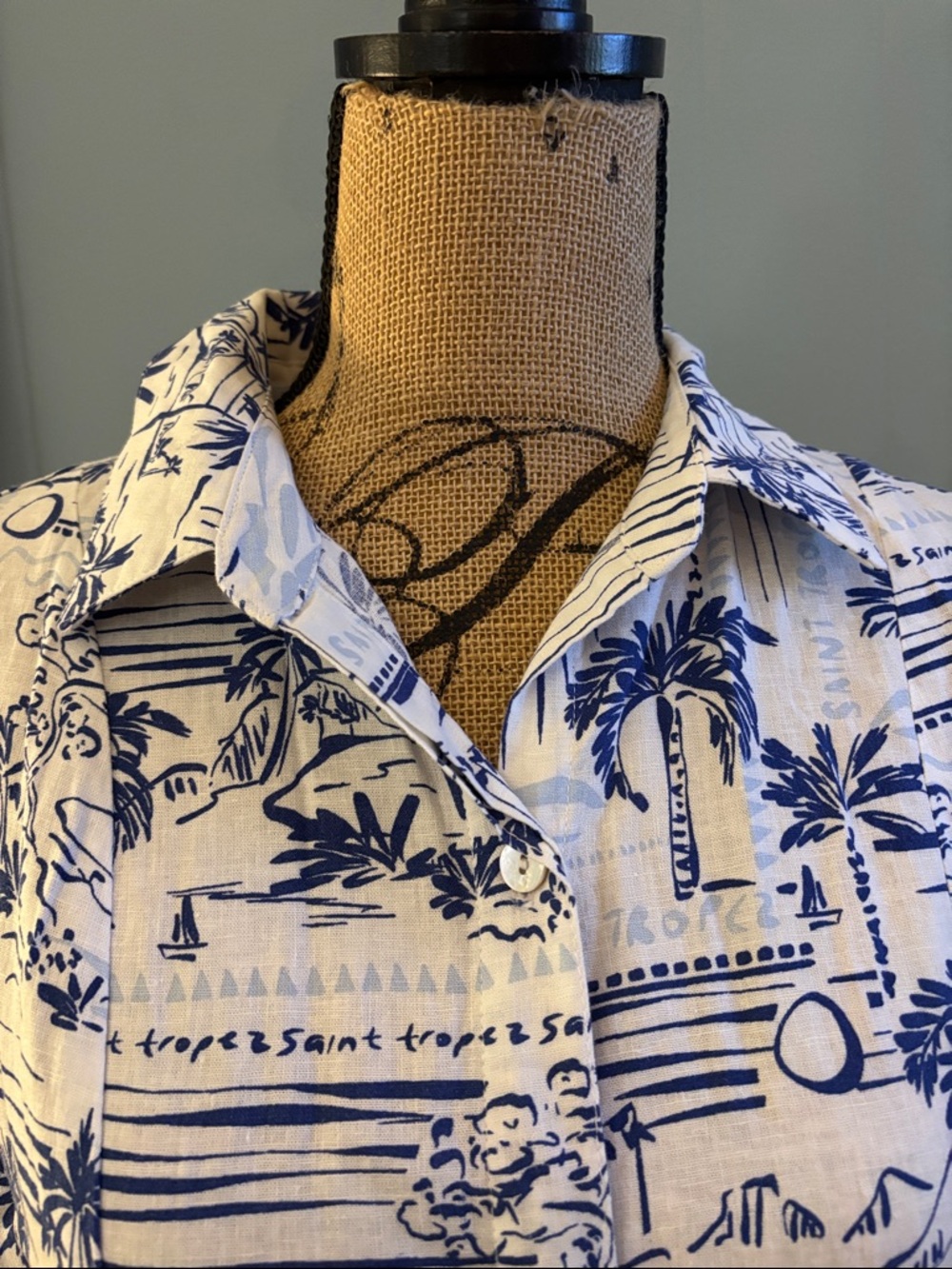 Calypso St. Barth Saint Tropez Tropical Coastal Toile Linen Blend Shirt Dress - Picture 2 of 14